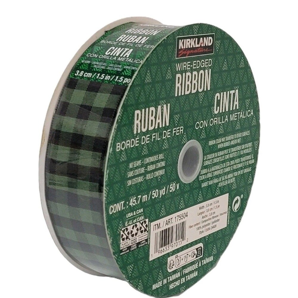 Kirkland Signature Green Black Plaid Wire Edge Ribbon 1.5"x50 Yds Craft Bows New